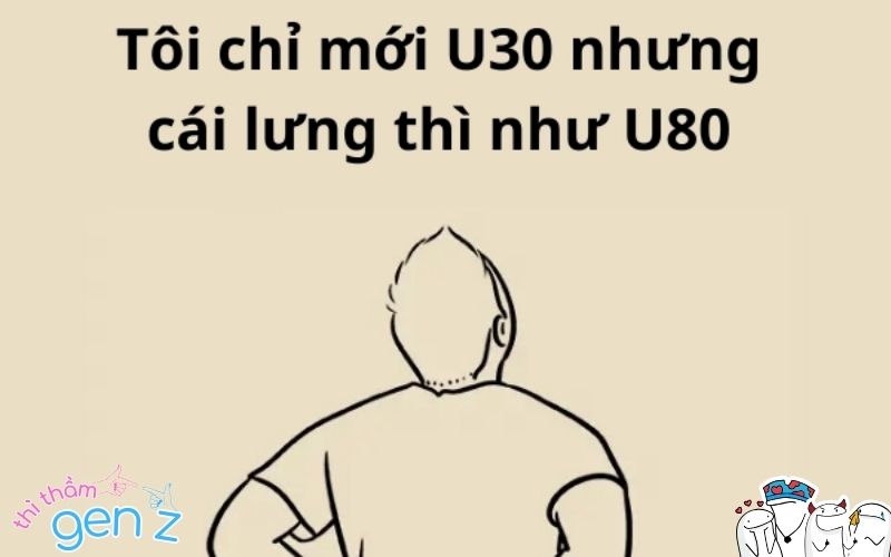 Meme nhân vật tự vẽ với câu chữ hài hước ám chỉ tình trạng đau lưng