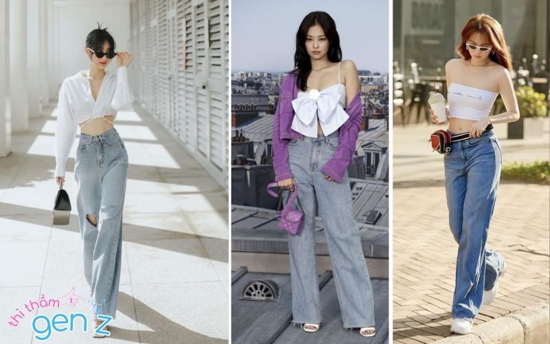 Outfit cho nữ đi chơi với quần jean ống rộng và áo ngắn