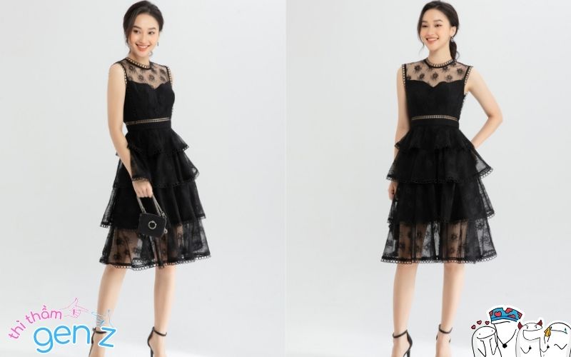 Outfit Tết cho nữ với đầm ren phối tầng