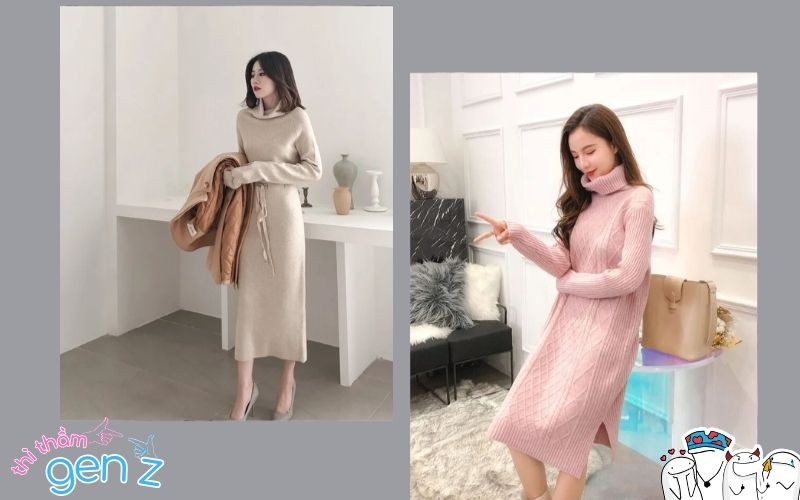 Outfit Tết cho nữ với đầm suông len