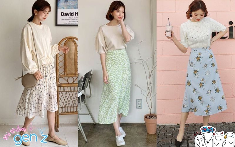 Outfit Tết cho nữ với chân váy midi