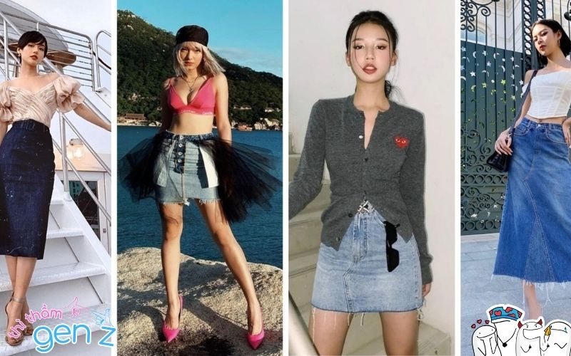 Outfit Tết cho nữ với chân váy jean