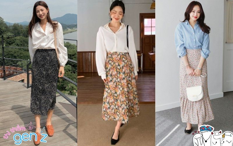 Outfit Tết cho nữ với chân váy hoa nhí